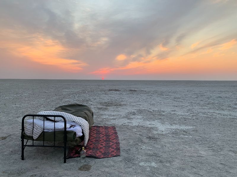 Bed at sunrise in the Makgadikgadi Salt Pans