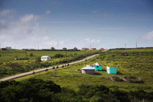 Blue huts in green fields