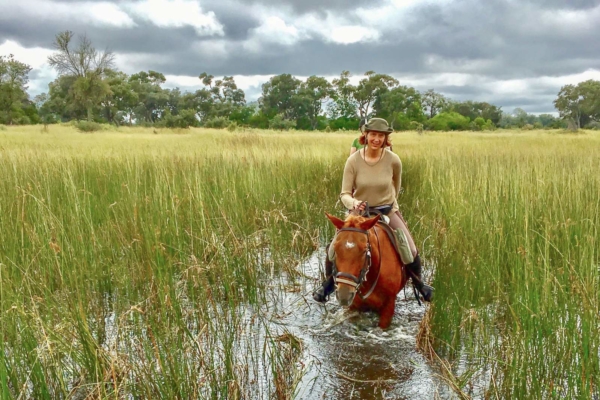 Smiling woman on chestnut horse riding in water