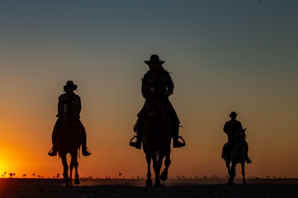 Three horse riders in cowboy hats at sunset
