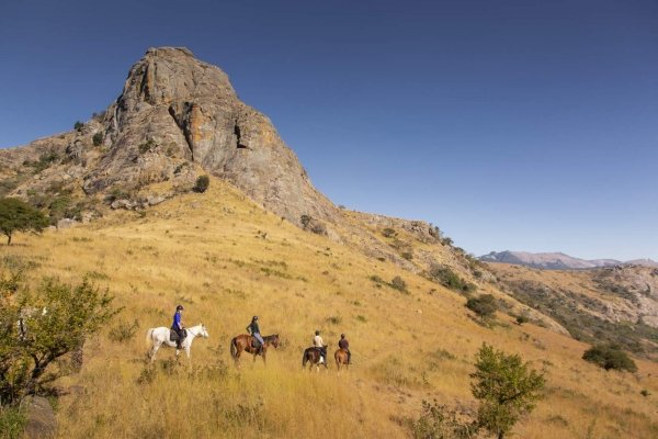 Trail riding in golden grass with tall mountains in the back