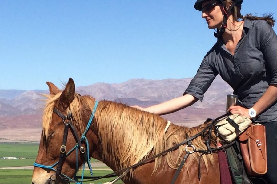 girl on chestnut horse with desert in background