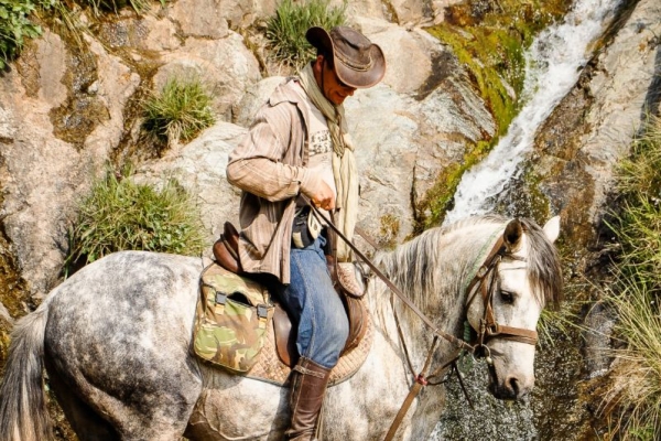 Cowboy on grey horse in front of waterfall