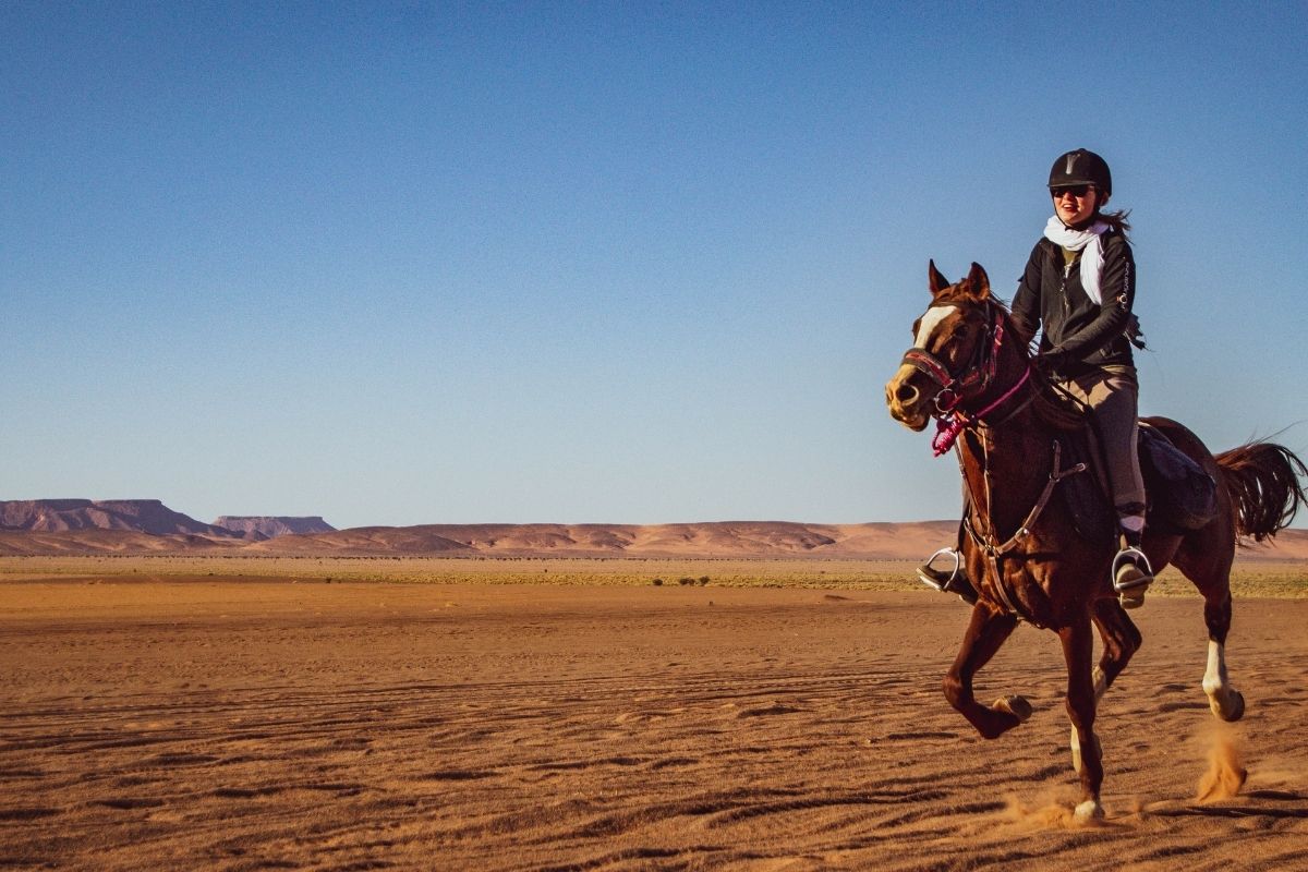 horse and rider galloping in the moroccan desert