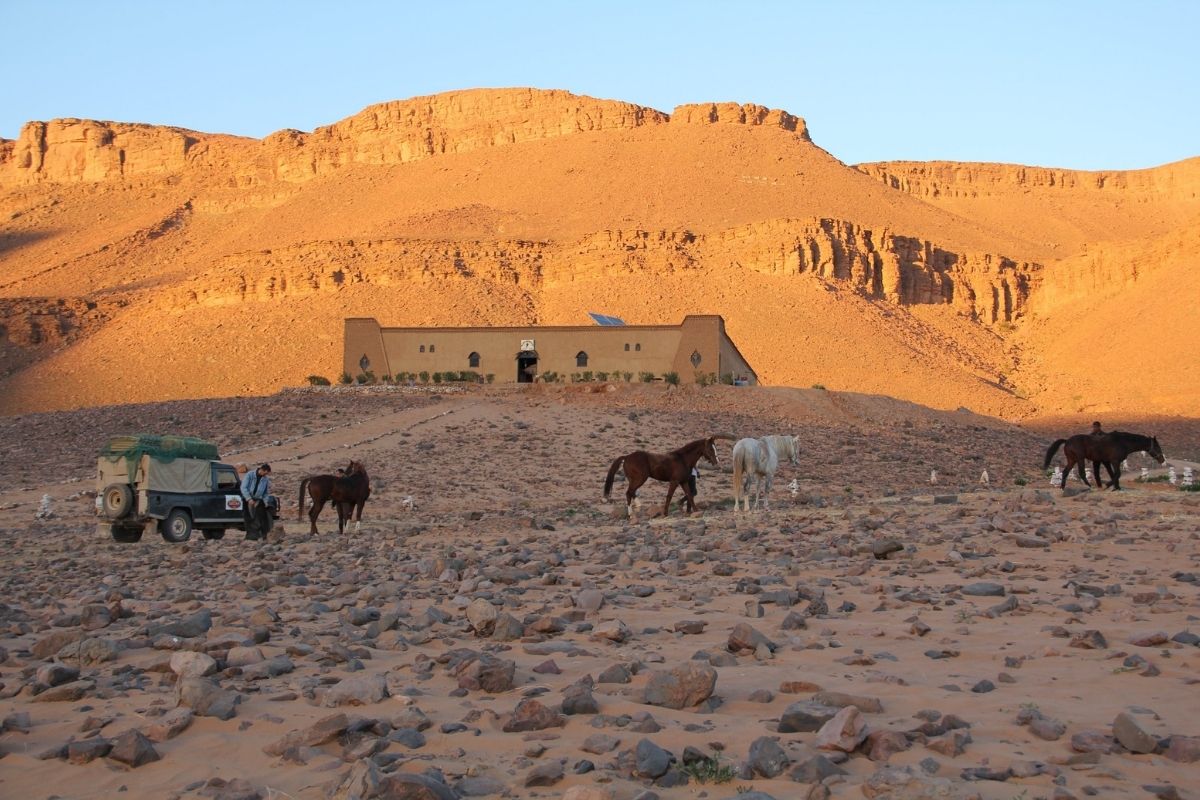 safari vehicle, horses and a person standing in front of a building and hills with rocks around them in the moroccan desert
