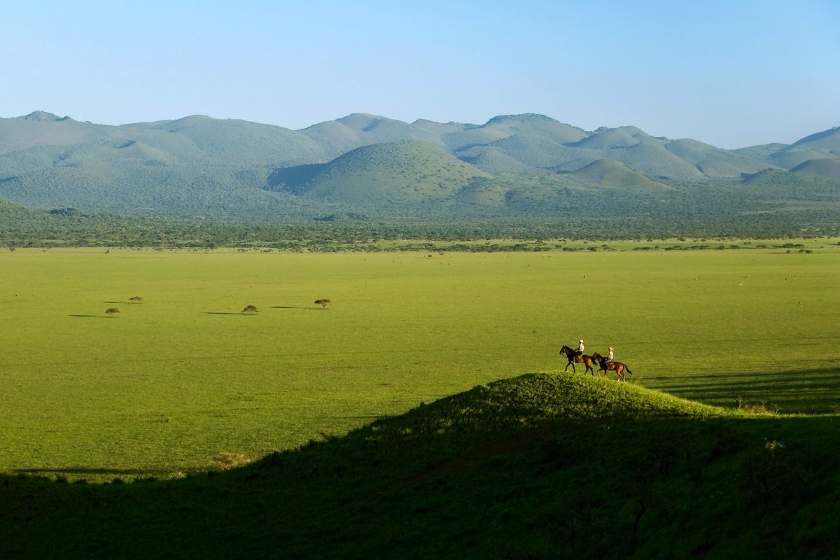 2 horses and riders walking up a hill and overlooking the beautiful green valley below with rolling hills in the background in kenya