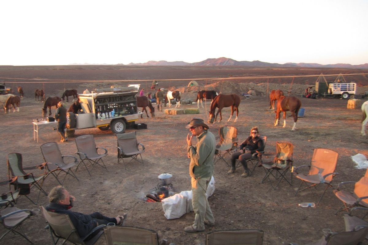 mobile camp at sunrise in the namibian desert