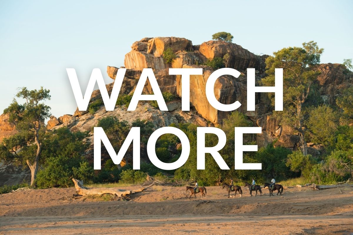 horses and riders riding in front of giant boulders in botswana