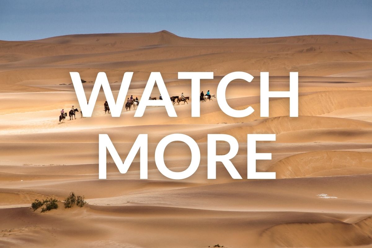 group of horses and riders riding in the dunes of the namib desert