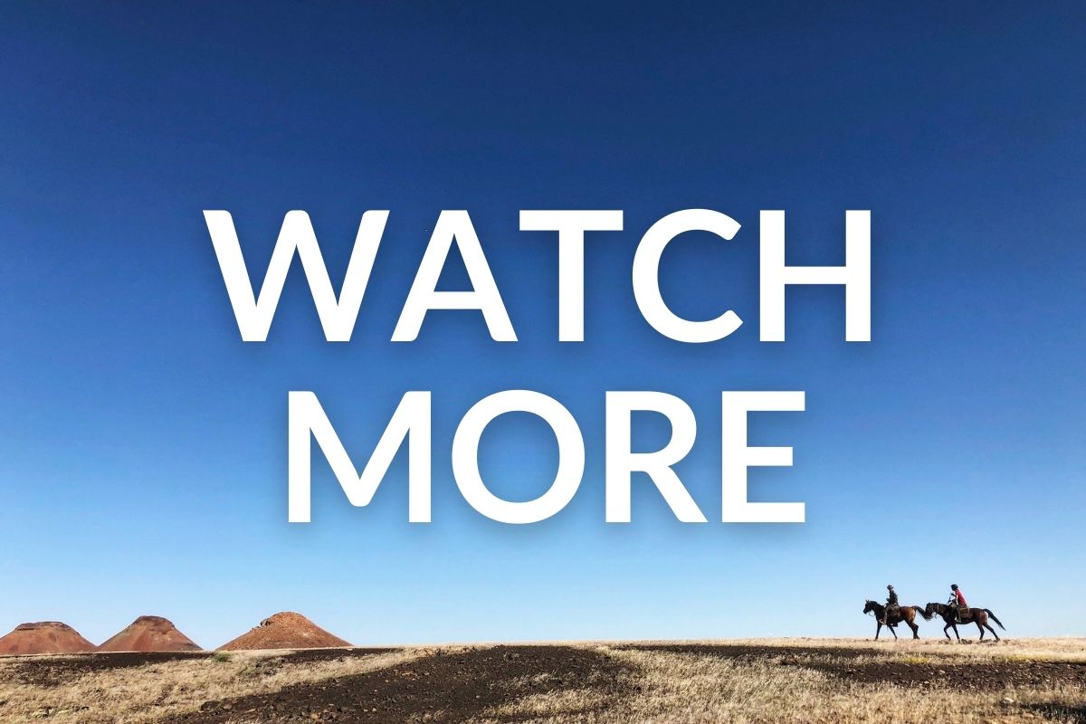horses and riders riding across desert plains with hills in the background in namibia