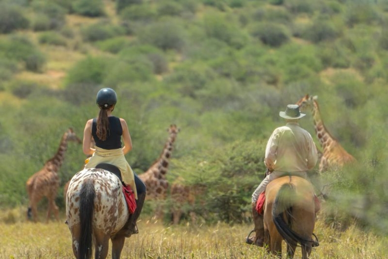 Horse riding with giraffe at Rocky Hollow in Kenya